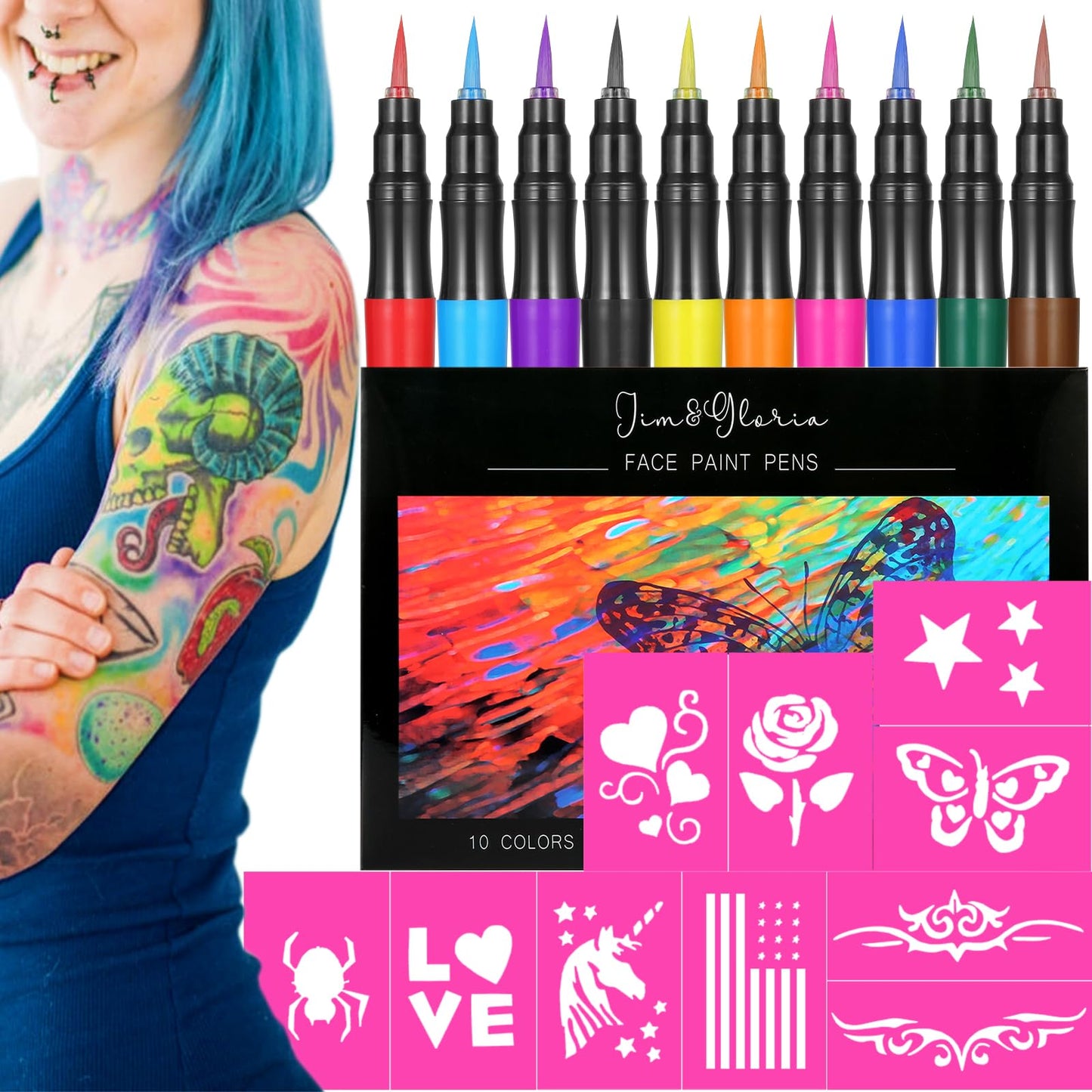 Jim&Gloria Temporary Tattoo Markers for Skin Fake Tattoo Pens Washable Face Paint Body Painting Kit Stencils Art Gift for Girls Boys Adults Teen Trendy Stuff Trending Gifts For Tweens Teenage or Kids