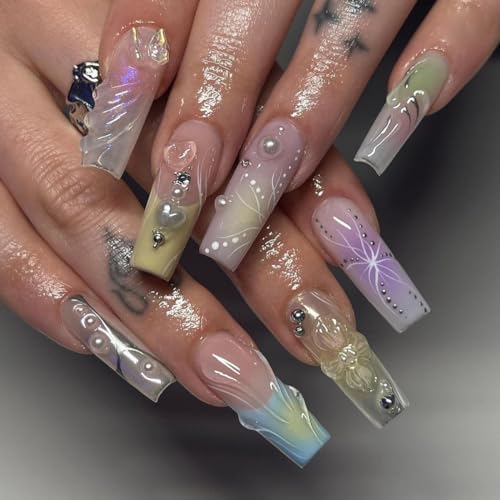 Press on Nails DX Grandway Coffin Long Square Nail Tips 3D Butterfly Bowknot for Women and Girls Cute Fashion Trending Easy Apply in 12 sizes - 24pcs